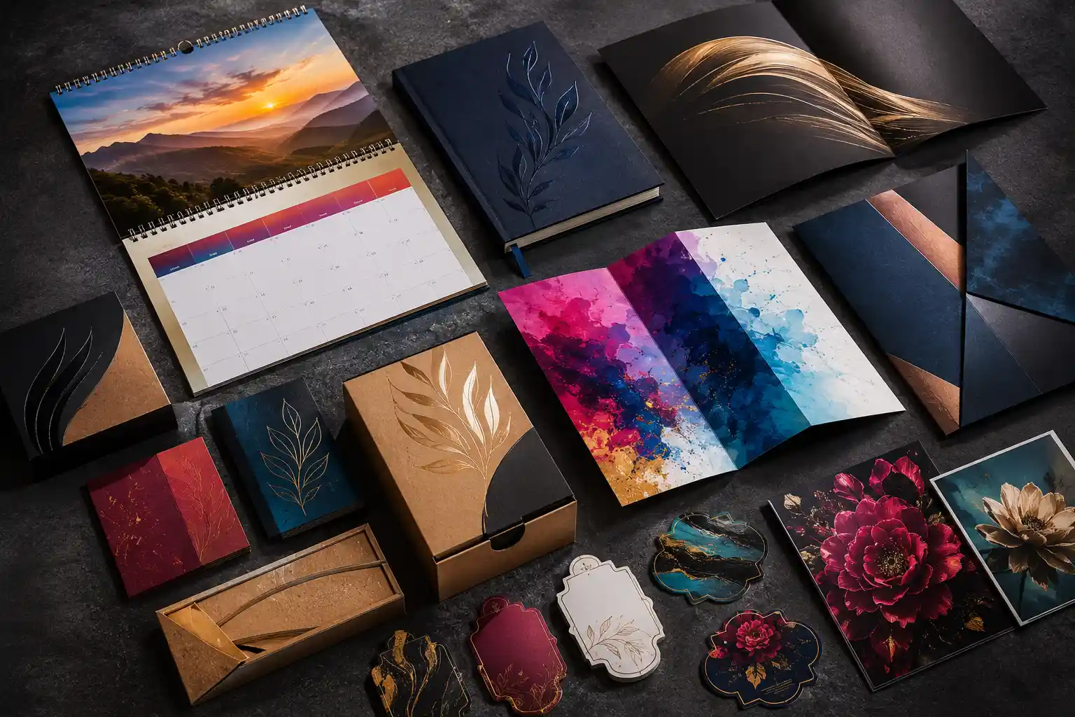 Flat-lay of printed business cards and brochures